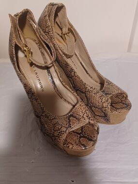 Chinese Laundry Tan Snake-Print Peep-Toe Platform Wedges